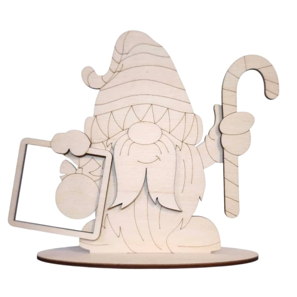 Krasnal świąteczny 3D ze sklejki z ramką na zdjęcie i laską cukrową, zestaw DIY.