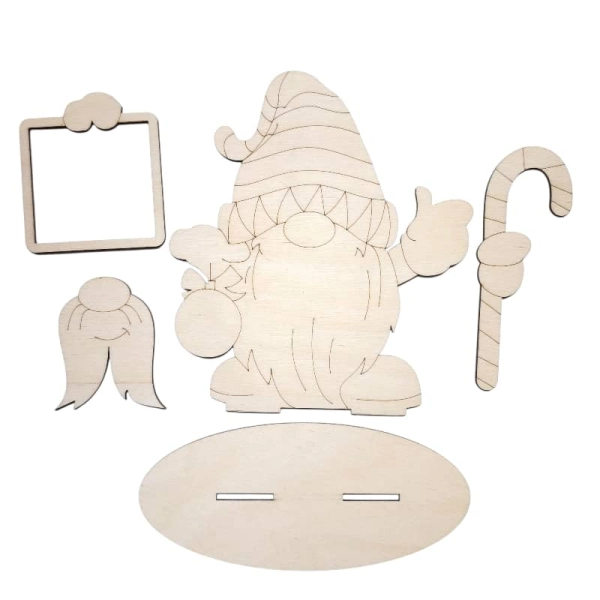 Wszystkie 5 elementów zestawu DIY do złożenia krasnala: korpus, nos z wąsem, ramka, laska i podstawka.