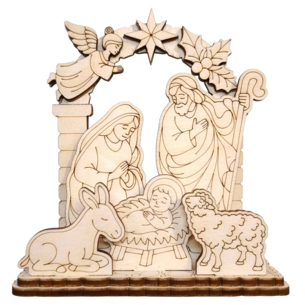 Mała, miniaturowa szopka 3D (10.7cm) ze sklejki, gotowa złożona, zestaw DIY 13 elementów.