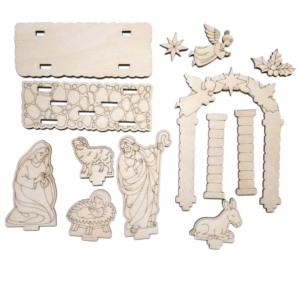 Wszystkie 13 małych elementów zestawu DIY do złożenia miniaturowej szopki 3D.