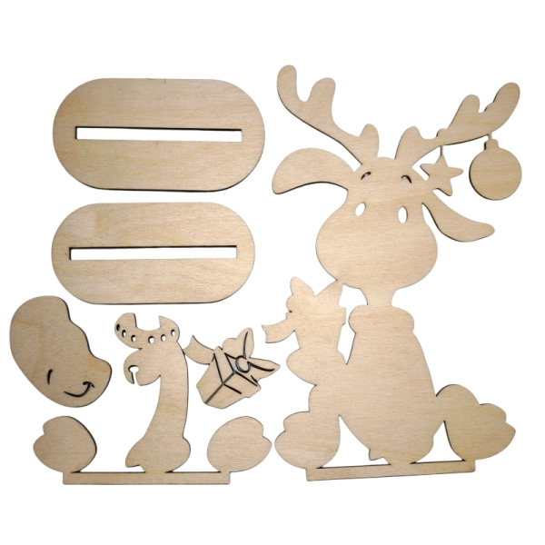 Wszystkie 6 elementów zestawu DIY do złożenia dużego renifera ze sklejki, rozłożone na płasko.