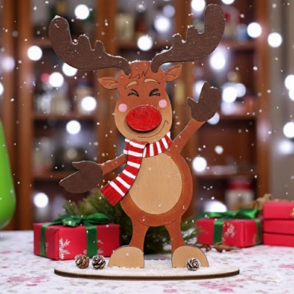 Inspiracja: gotowy, pomalowany świątecznie renifer ze sklejki. Zestaw jest sprzedawany w stanie surowym.