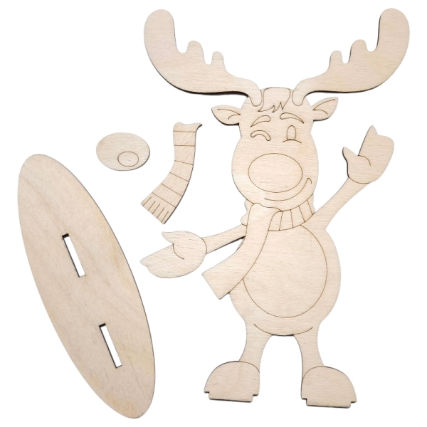 Wszystkie 4 elementy zestawu DIY do złożenia renifera: korpus, szalik, nos i podstawka