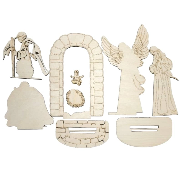 Wszystkie 9 elementów zestawu DIY szopki 3D ze sklejki, rozłożone na płasko przed złożeniem.