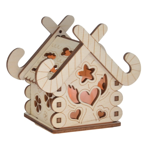 Drewniany domek na świeczkę LED N11