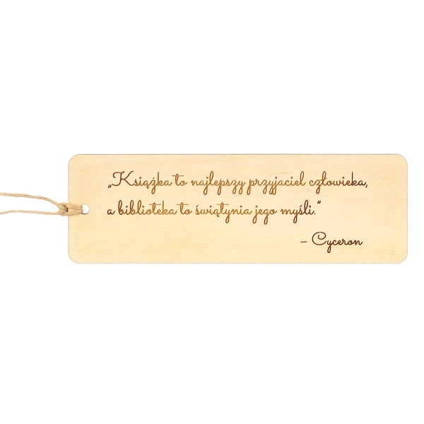 Drewniana zakładka do książki z logo i cytatem