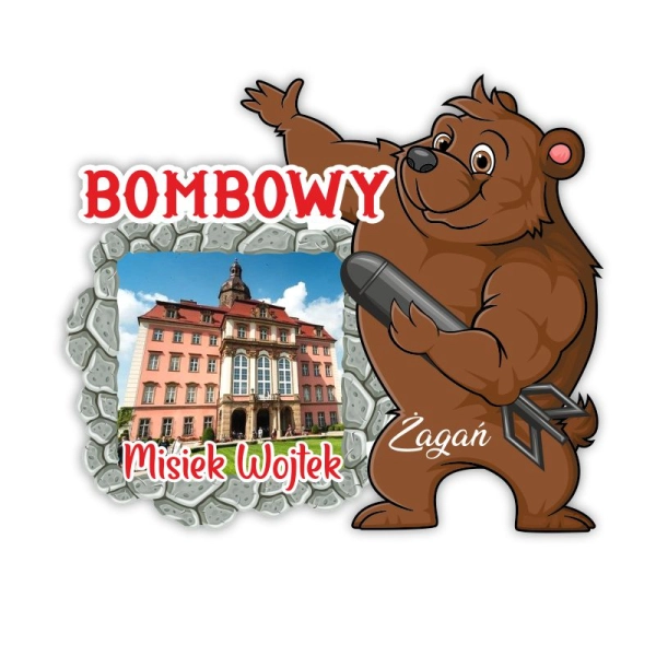 Drewniany magnes BOMBOWY MISIEK Z RAMKĄ