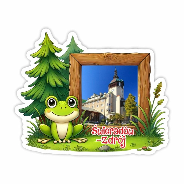 Drewniany magnes Żaba w lesie z ramką