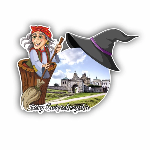 magnes czarownica, magnes góry świętokrzyskie, pamiątki góry świętokrzyskie, drewniany magnes czarownica, pamiątki drewn