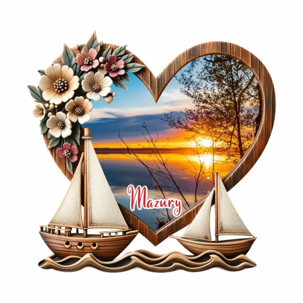 Drewniany magnes Serce z żaglówkami