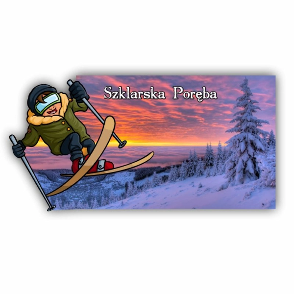 Magnes na lodówkę w kształcie narciarza wpisanego w koło z widokiem. 