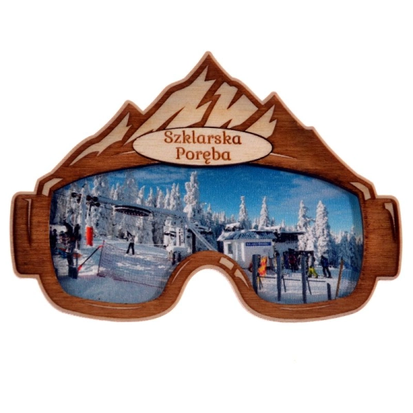 Magnes na lodówkę w kształcie okularów snowboardowych z zarysem gór