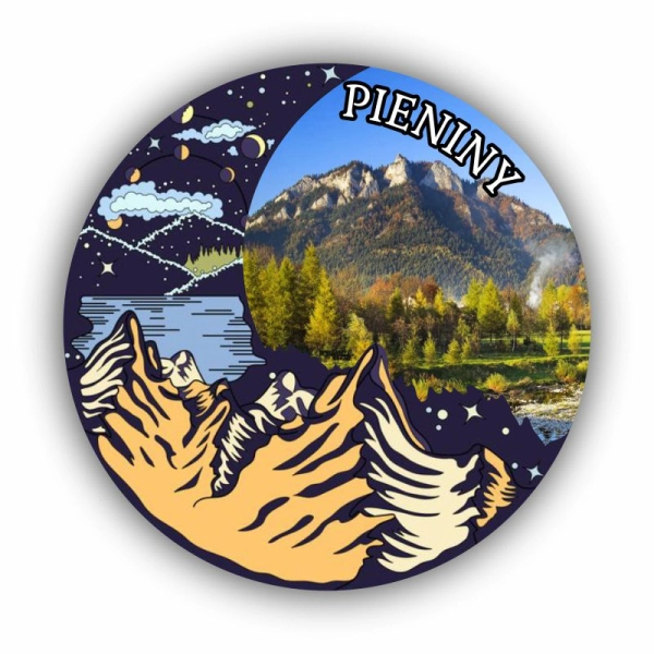 Okrągły magnes na lodówkę z grafiką gór w gwieździstą noc