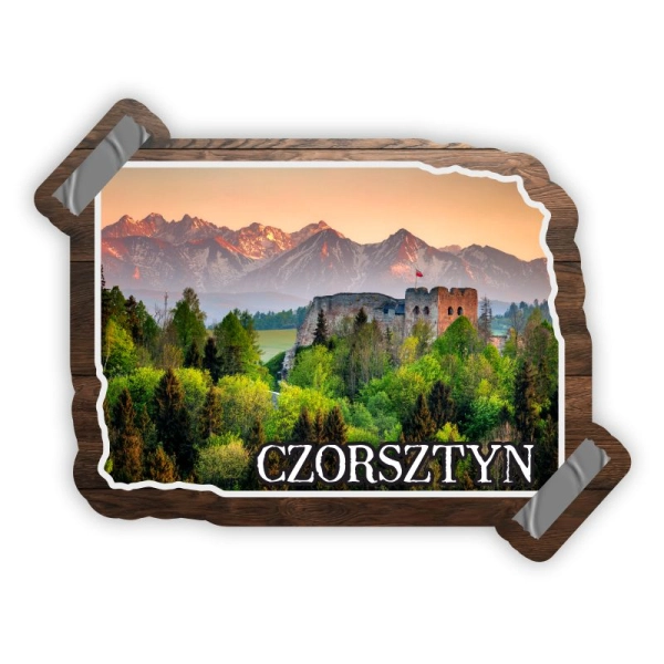 Magnes na lodówkę w kształcie kawałka drewna na który przyklejony jest widoczek dwoma plastrami taśmy