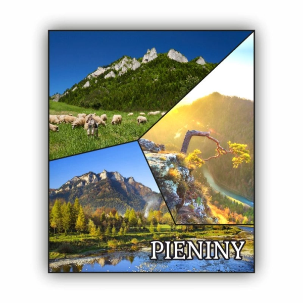 Magnes prostokątny z mixem trzech różnych zdjęć z miejscowości. 