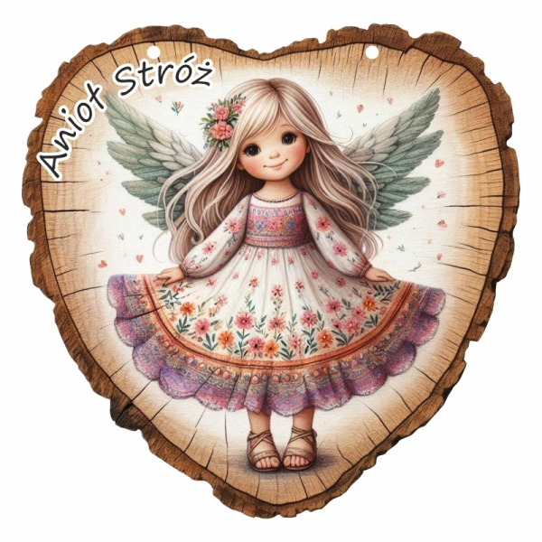 Drewniany anioł zawieszka plaster drzewa N1 + sznurek jutowy