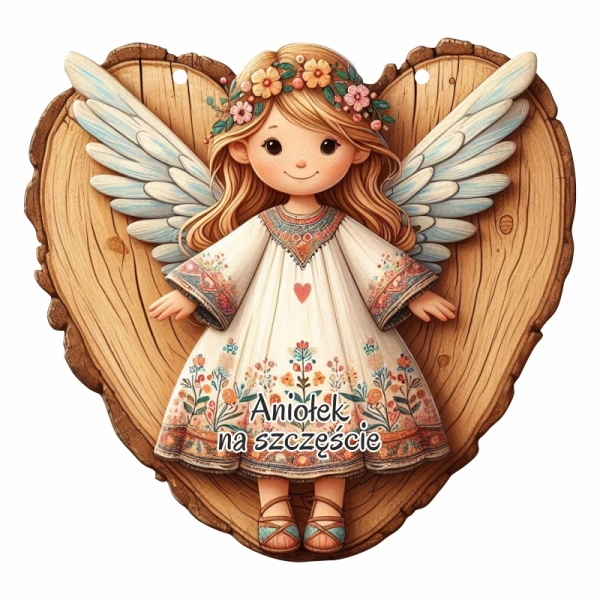 Drewniany anioł zawieszka plaster drzewa N2 + sznurek jutowy