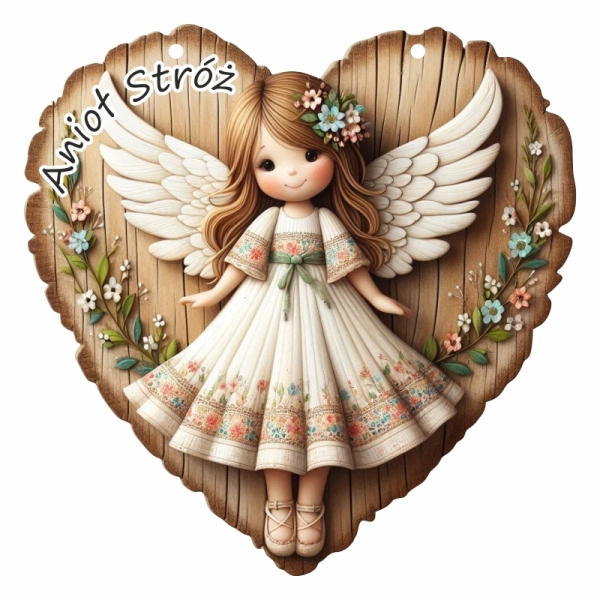 Drewniany anioł zawieszka plaster drzewa N3 + sznurek jutowy