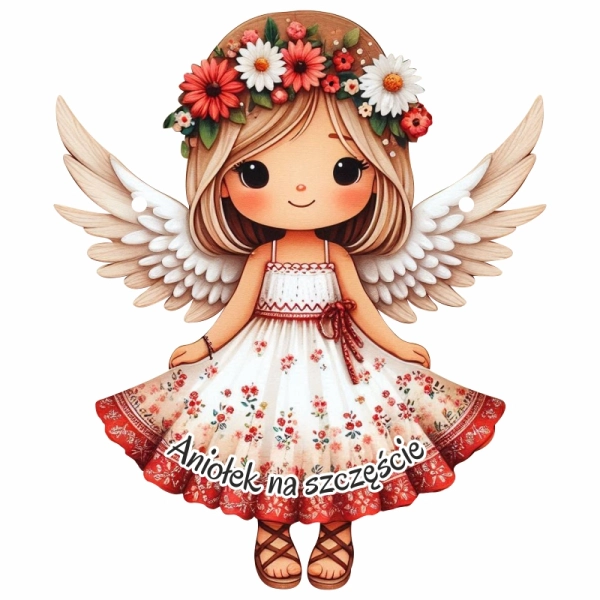 Drewniany anioł  z wiankiem zawieszka + sznurek jutowy