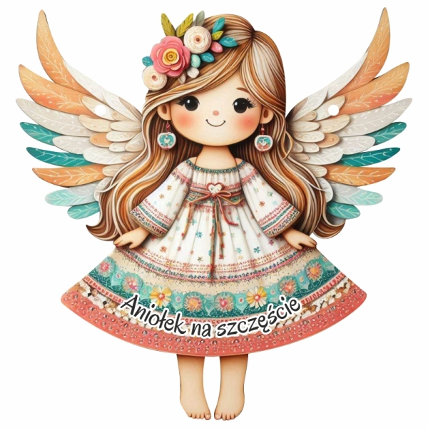 Drewniany anioł  z wiankiem zawieszka N2+ sznurek jutowy