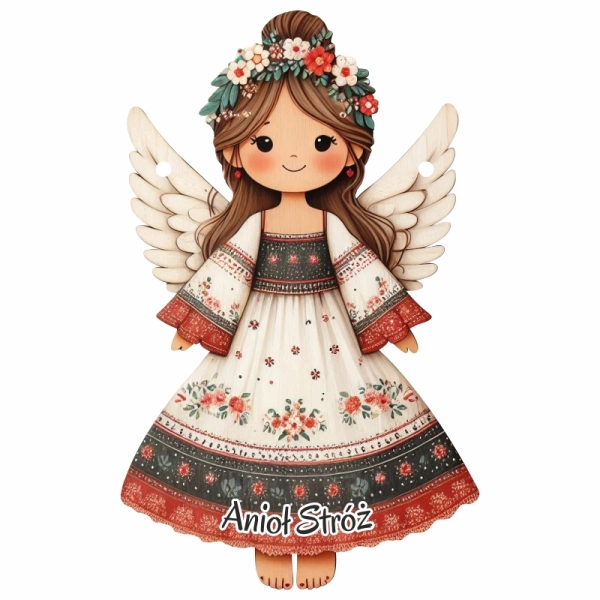 Drewniany anioł  z wiankiem zawieszka N3+ sznurek jutowy