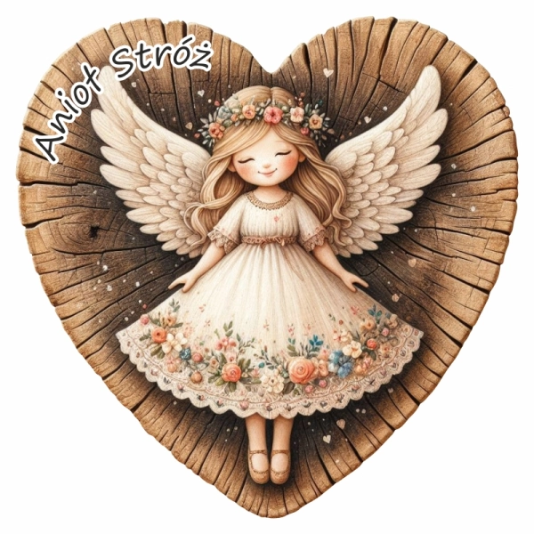 Kolorowy anioł na sercu z drewna - magnes N1