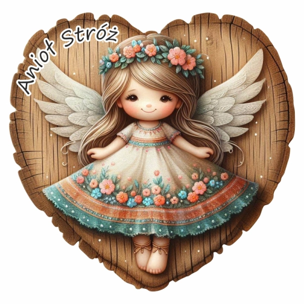 Kolorowy anioł na sercu z drewna - magnes N2