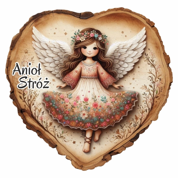 Kolorowy anioł na sercu z drewna - magnes N4