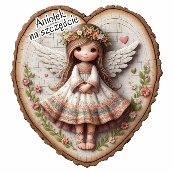 Kolorowy anioł na sercu z drewna - magnes N5