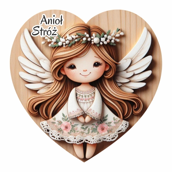 Kolorowy anioł na sercu z drewna - magnes N6