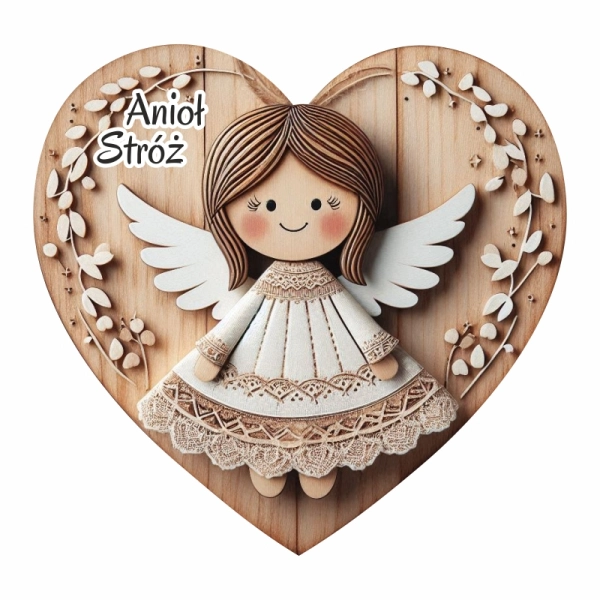 Kolorowy anioł na sercu z drewna - magnes N7