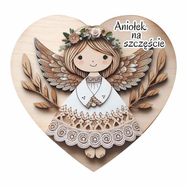 Kolorowy anioł na sercu z drewna - magnes N8
