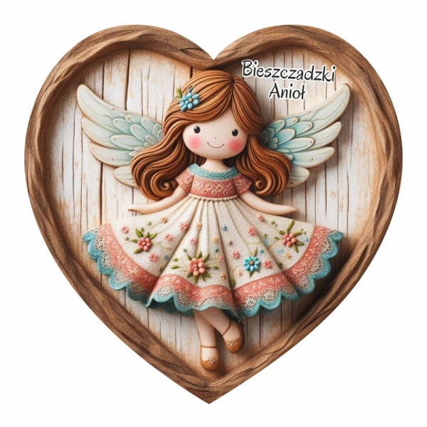 Kolorowy anioł na sercu z drewna - magnes N9