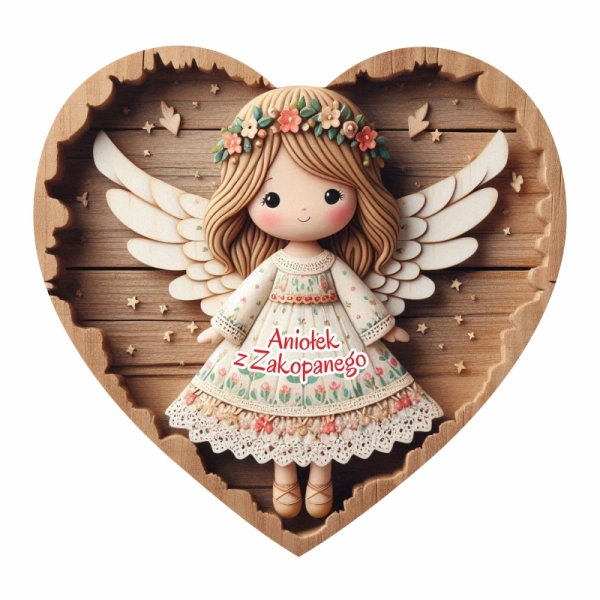 Kolorowy anioł na sercu z drewna - magnes N10