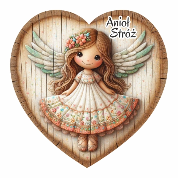 Kolorowy anioł na sercu z drewna - magnes N11