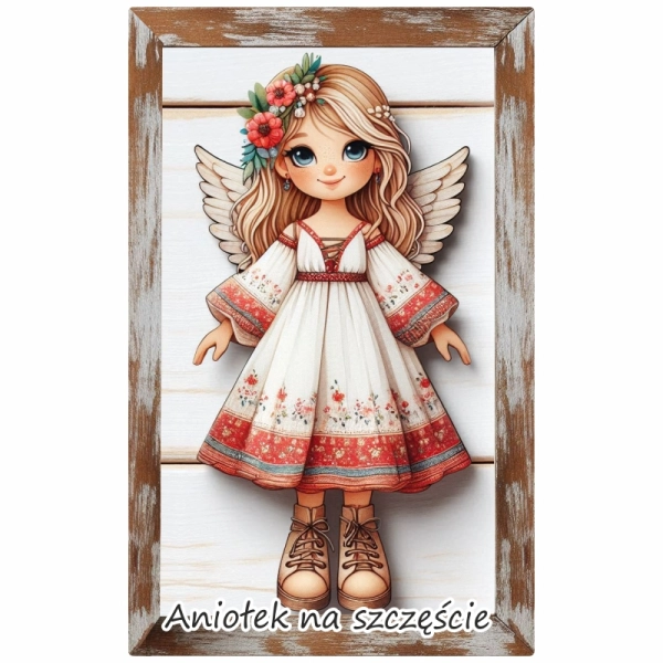 Drewniany magnes Anioł dziewczynka - prostokąt N2 MIX