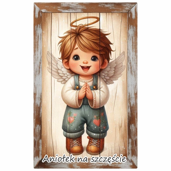 Drewniany magnes Anioł chłopiec - prostokąt N1 MIX