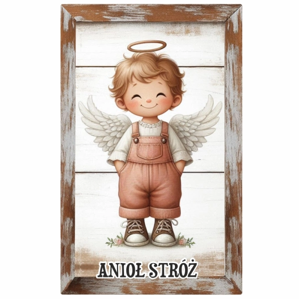 Drewniany magnes Anioł chłopiec - prostokąt N1 MIX