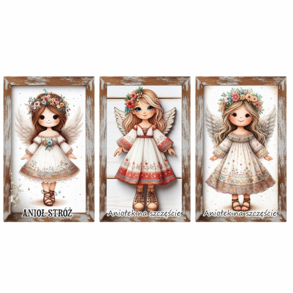 Drewniany magnes Anioł dziewczynka - prostokąt N2 MIX