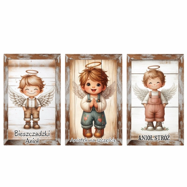 Drewniany magnes Anioł chłopiec - prostokąt N1 MIX