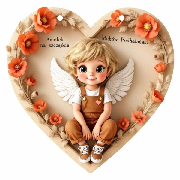 Drewniana zawieszka anioł Maki N3+ sznurek jutowy