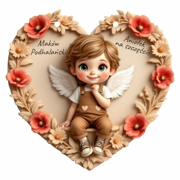 Drewniana zawieszka anioł Maki N5+ sznurek jutowy