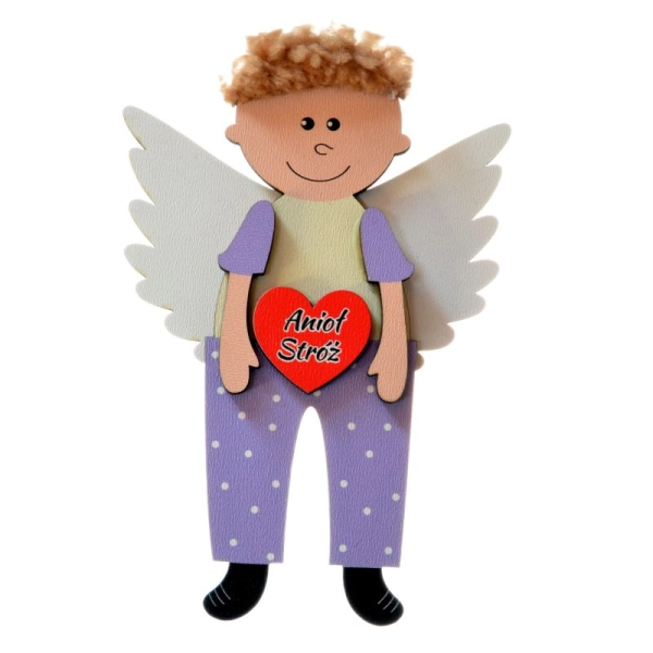 fioletowy aniołek chłopczyk z włosami z futerka