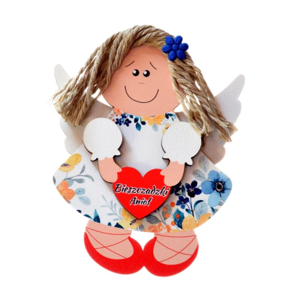 kolorowy aniołek z włosami ze sznurka, sukienka kwiecista