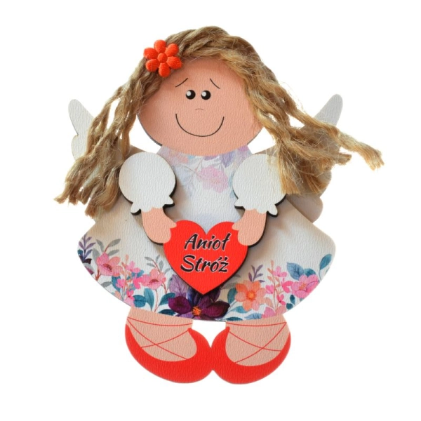 kolorowy aniołek z włosami ze sznurka, sukienka kwiecista