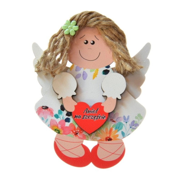 kolorowy aniołek z włosami ze sznurka, sukienka kwiecista