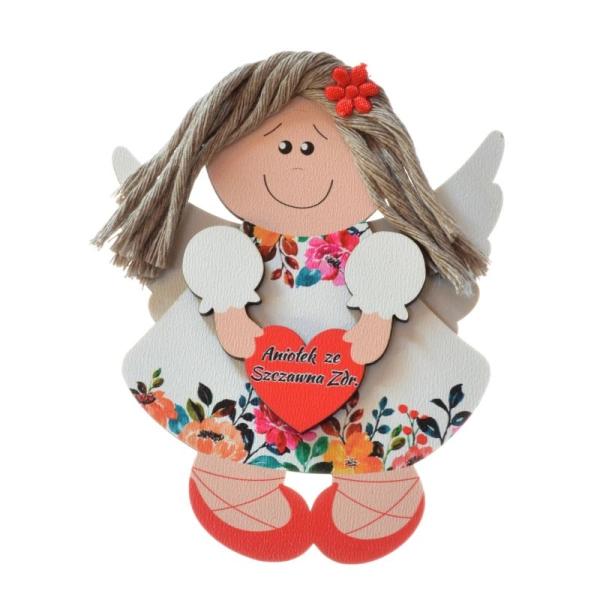 kolorowy aniołek z włosami ze sznurka, sukienka kwiecista