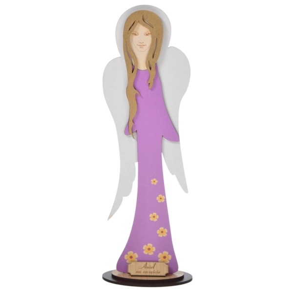 Aniołek DŁUGI malowany na podstawce z kwiatkami