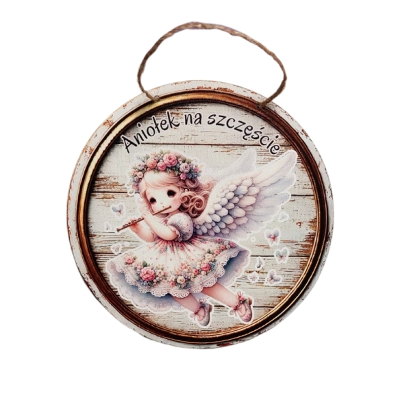 Drewniany anioł na drewnie koło MIX + sznurek jutowy