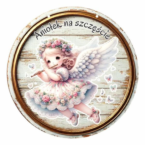 Drewniany anioł na drewnie koło MIX + sznurek jutowy